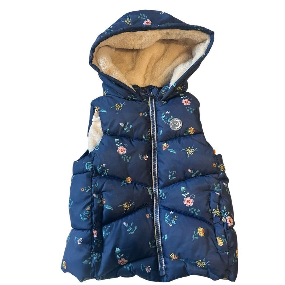 Zara Baby Toddler Navy Blue Floral Sherpa Hood Puffer Vest Size 2-3 Years